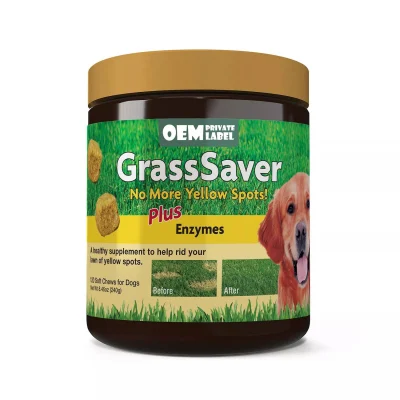 L'integratore per cani Grasssaver del marchio del negozio aiuta a neutralizzare l'urina per eliminare le macchie gialle del prato.  Nutrizione del cane